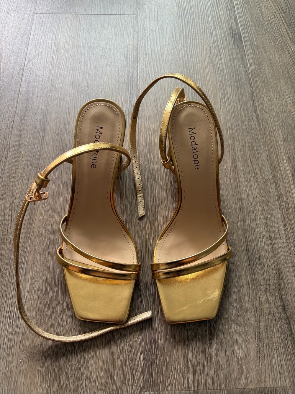 Modatope Gold Metallic Strappy Square-Toe Heels